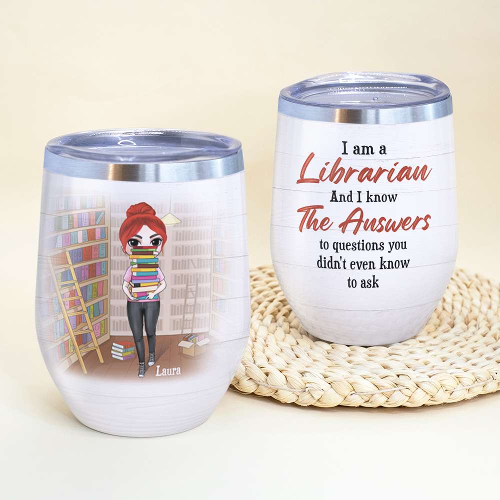 Personalized Library Girl With A Stack of Books Wine Tumbler - I Know The Answers - Wine Tumbler - GoDuckee