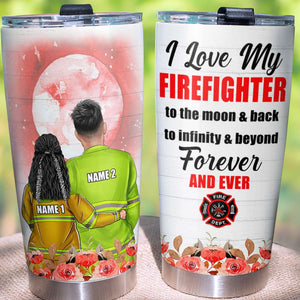 Personalized Firefighter Couple Tumbler Cup - I Love My Firefighter To The Moon and Back - Couple Shoulder to Shoulder - Tumbler Cup - GoDuckee