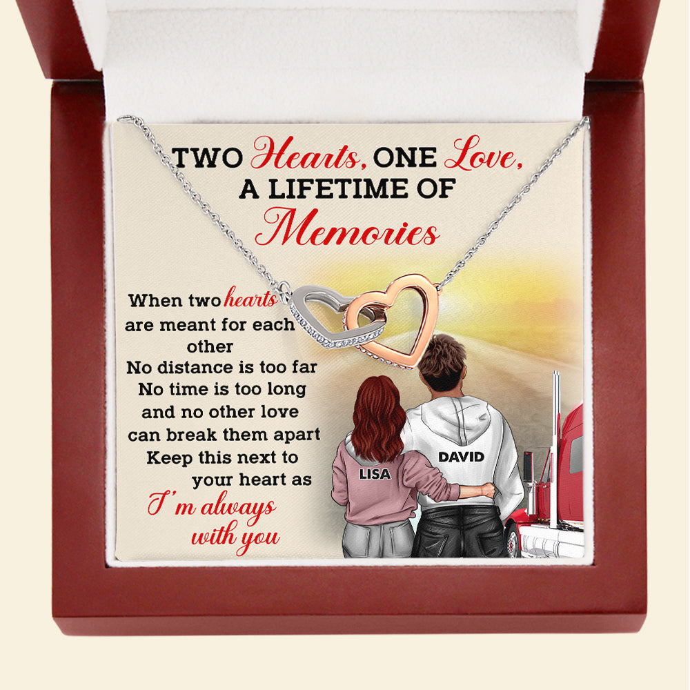 Personalized Trucker Couple - Interlocking Hearts Necklace - Two Hearts One Love, A Lifetime Of Memories Message Card - Jewelry - GoDuckee