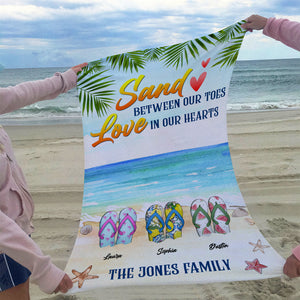 Flip Flop Sand Between Our Toes Love In Our Hearts, Personalized Beach Towel for Family, Summer Gifts - Beach Towel - GoDuckee