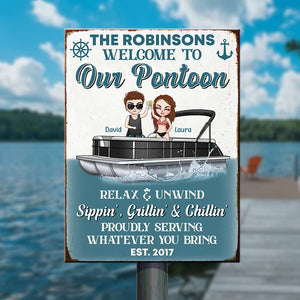 Personalized Pontoon Couple Metal Sign - Welcome To Our Pontoon Sippin' Grillin' & Chillin' - Metal Wall Art - GoDuckee