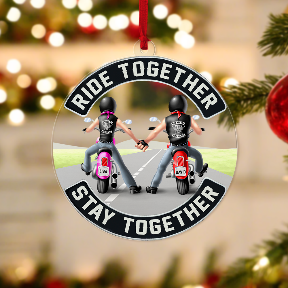 Biker Couple Ride Together Stay Together, Personalized Acrylic Ornament - Ornament - GoDuckee