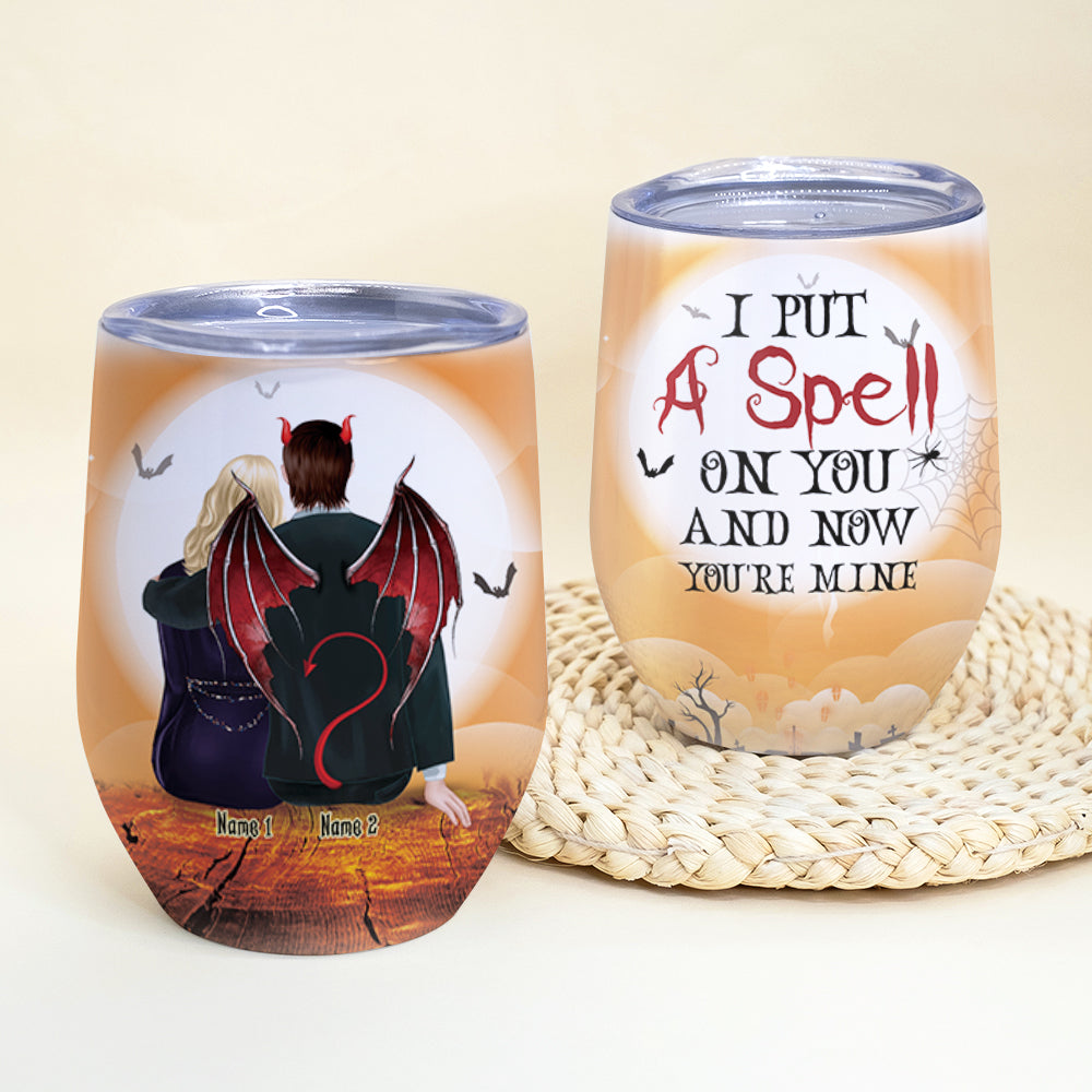 Personalized Dracula Couple Wine Tumbler - I Put A Spell On You And Now You're Mine - Wine Tumbler - GoDuckee
