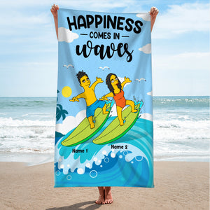 Happiness Comes in Waves - Simpsonized Surfing Beach Towel - Gifts For Wife, Girlfriend From Husband - Beach Towel - GoDuckee