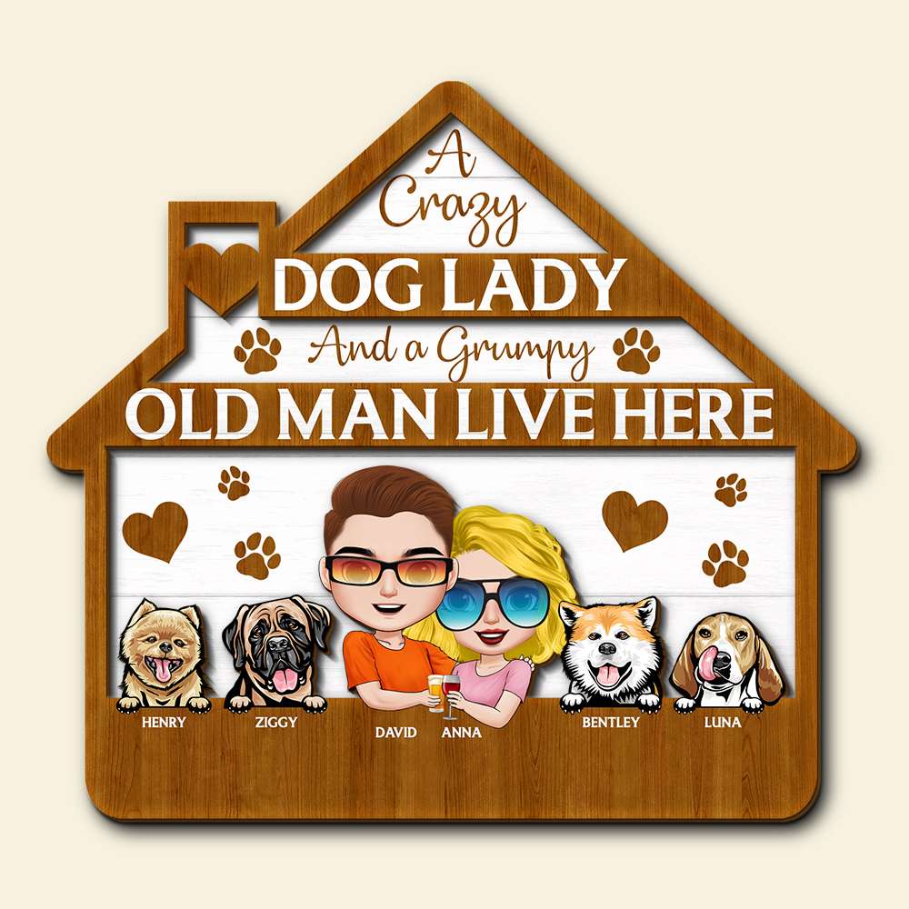 Crazy Dog Lady and A Grumpy Old Man Live Here, Personalized 2 Layers Wood Key Hanger, Gift for Dog Lovers - Wood Sign - GoDuckee