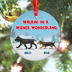 Dachshund Walking In A Wiener Wonderland, Personalized Ceramic Ornament - Ornament - GoDuckee