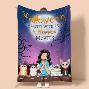 Personalized Horror Girl & Cat Breeds Blanket - Halloween Is Better With Cats and Horror Movies - Blanket - GoDuckee
