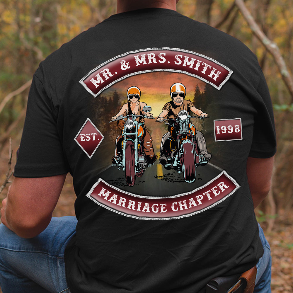 Personalized Biker Couple Shirts - Marriage Chapter - Gift for Motorcycle Couple That Rides Together - Shirts - GoDuckee