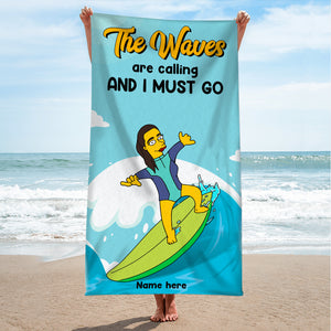 The Waves Are Calling & I Must Go - Simpsonized Surfing Beach Towel - Gifts For Wife, Girlfriend - Beach Towel - GoDuckee