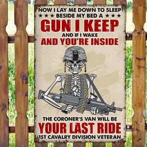 Personalized Veteran Metal Sign Skeleton I Lay Me Down To Sleep Beside My Bed - Metal Wall Art - GoDuckee