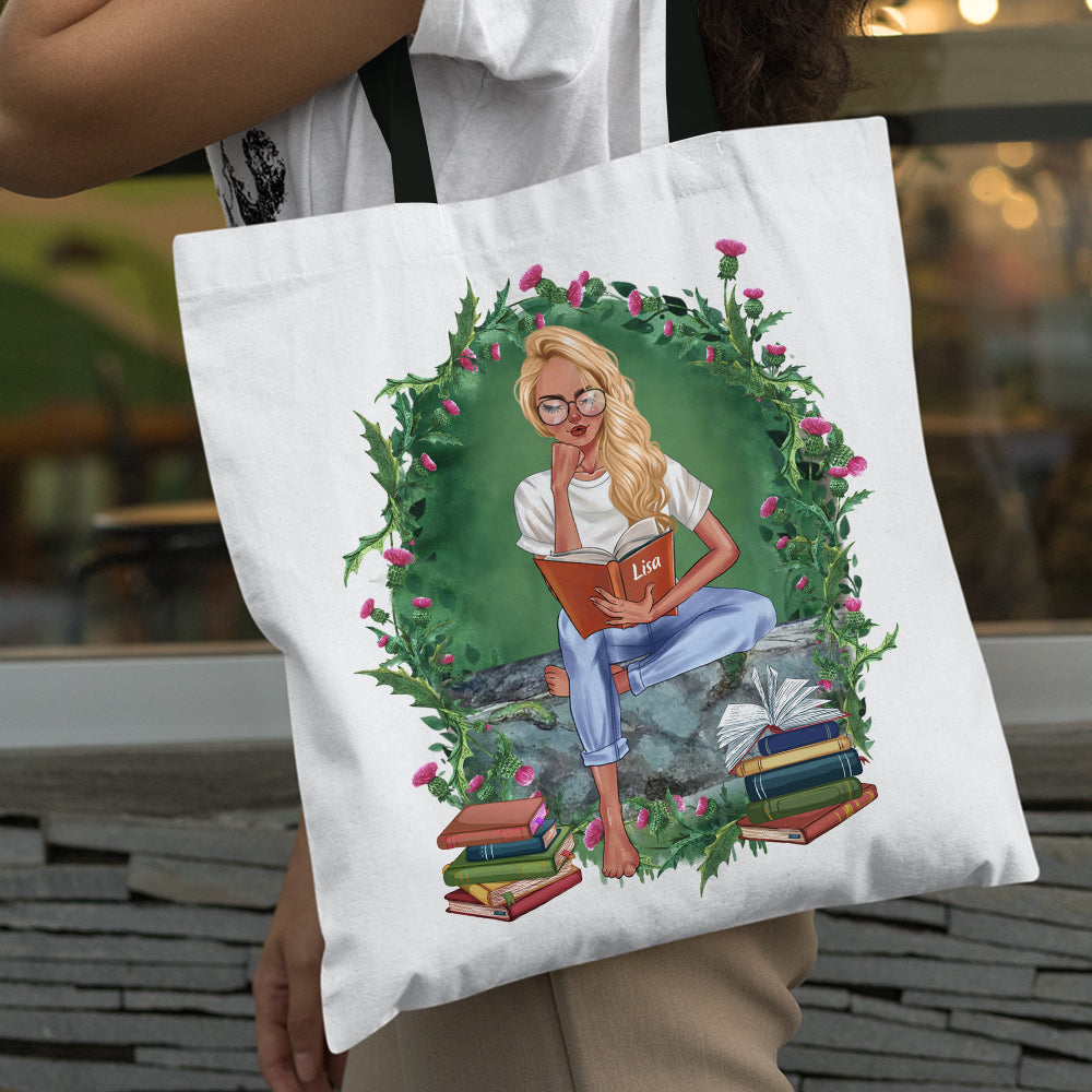 Custom Book Titles - Personalized Tote Bag - Girl Reading Book