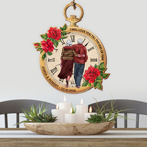 Personalized Clock Shape Wood Sign, Love You Till The End Of Time, Old Couple Walking Together - Wood Sign - GoDuckee