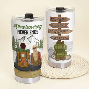 Personalized Camping Couple Tumbler - A True Love Story Never Ends - Tumbler Cup - GoDuckee