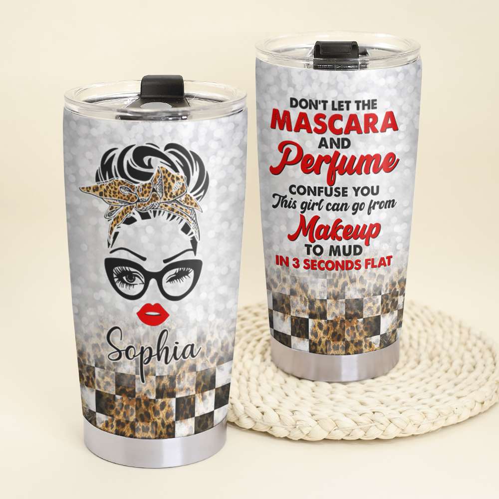Personalized Racing Girl Tumbler - Don't Let Mascara And Perfume Confuse You - Leopard Checkered Pattern - Tumbler Cup - GoDuckee