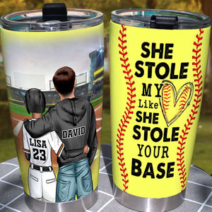 Personalized Softball Couple Tumbler Cup - She Stole My Heart Like She Stole Your Base - Tumbler Cup - GoDuckee