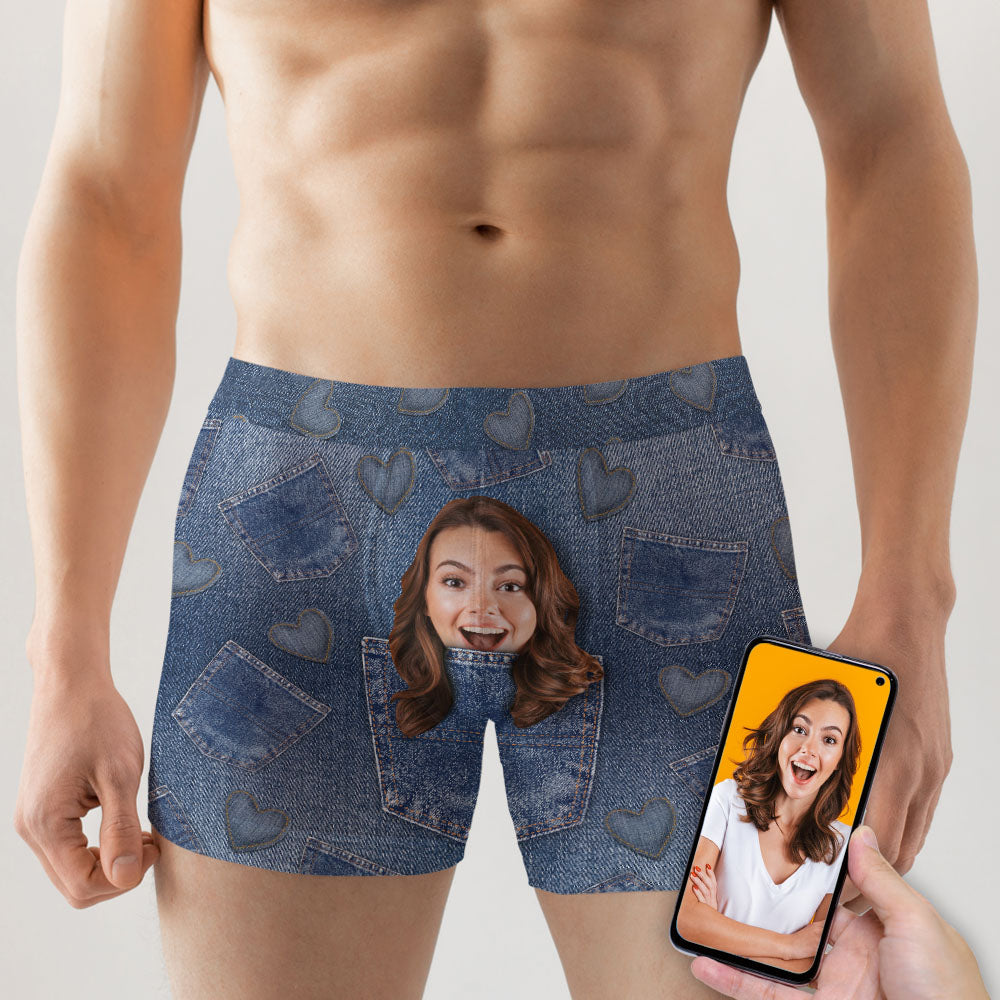 Heart With Jeans Background - Custom Photo Men Boxer Briefs - Boxer Briefs - GoDuckee
