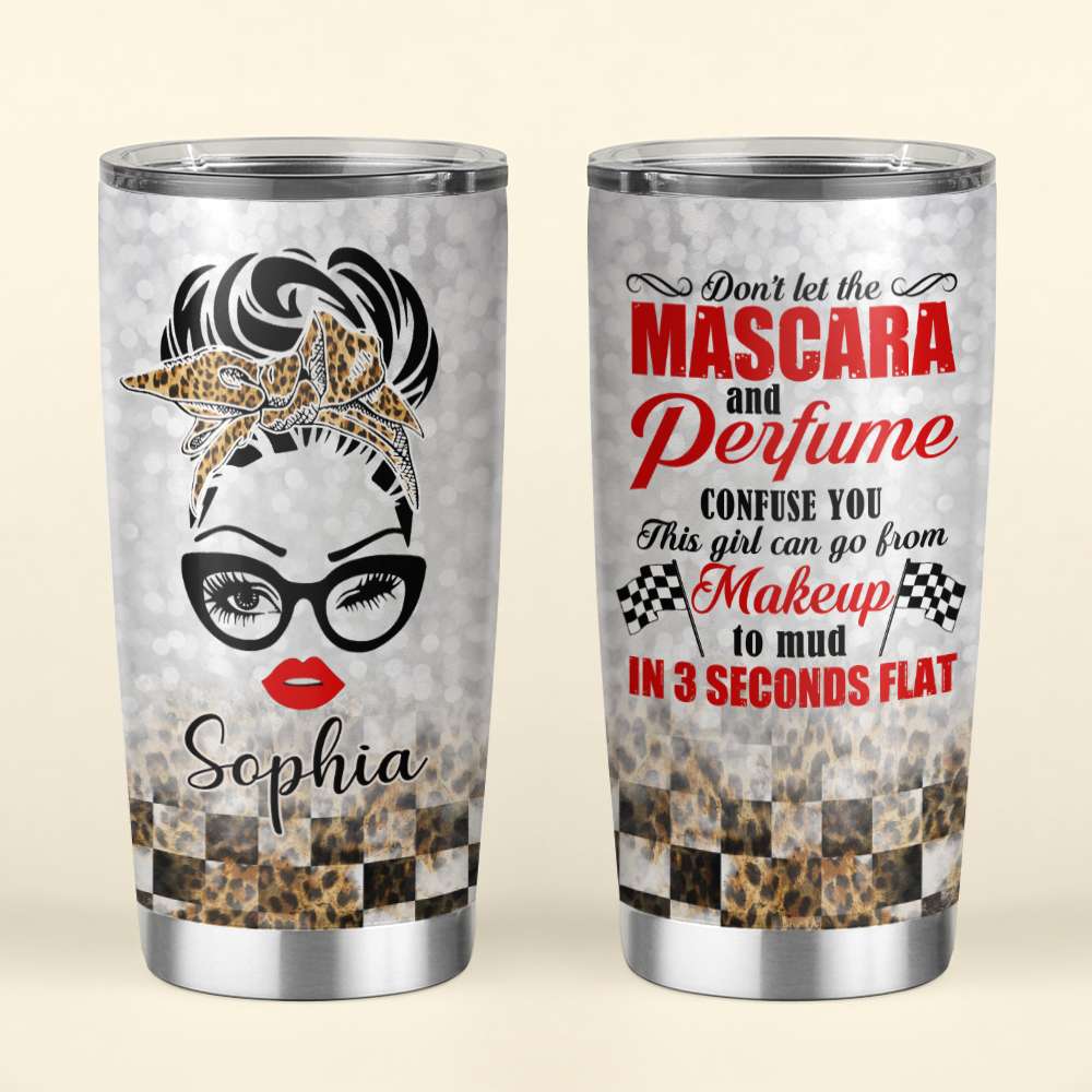 Personalized Racing Girl Tumbler, Don't let mascara and perfume confuse you, Leopard Checkered Pattern - Tumbler Cup - GoDuckee