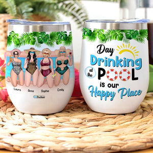 Personalized Bikini Girls Trip Wine Tumbler - Day Drinking At The Pool Is Our Happy Place - Beach Theme & Leopard Pattern - Wine Tumbler - GoDuckee