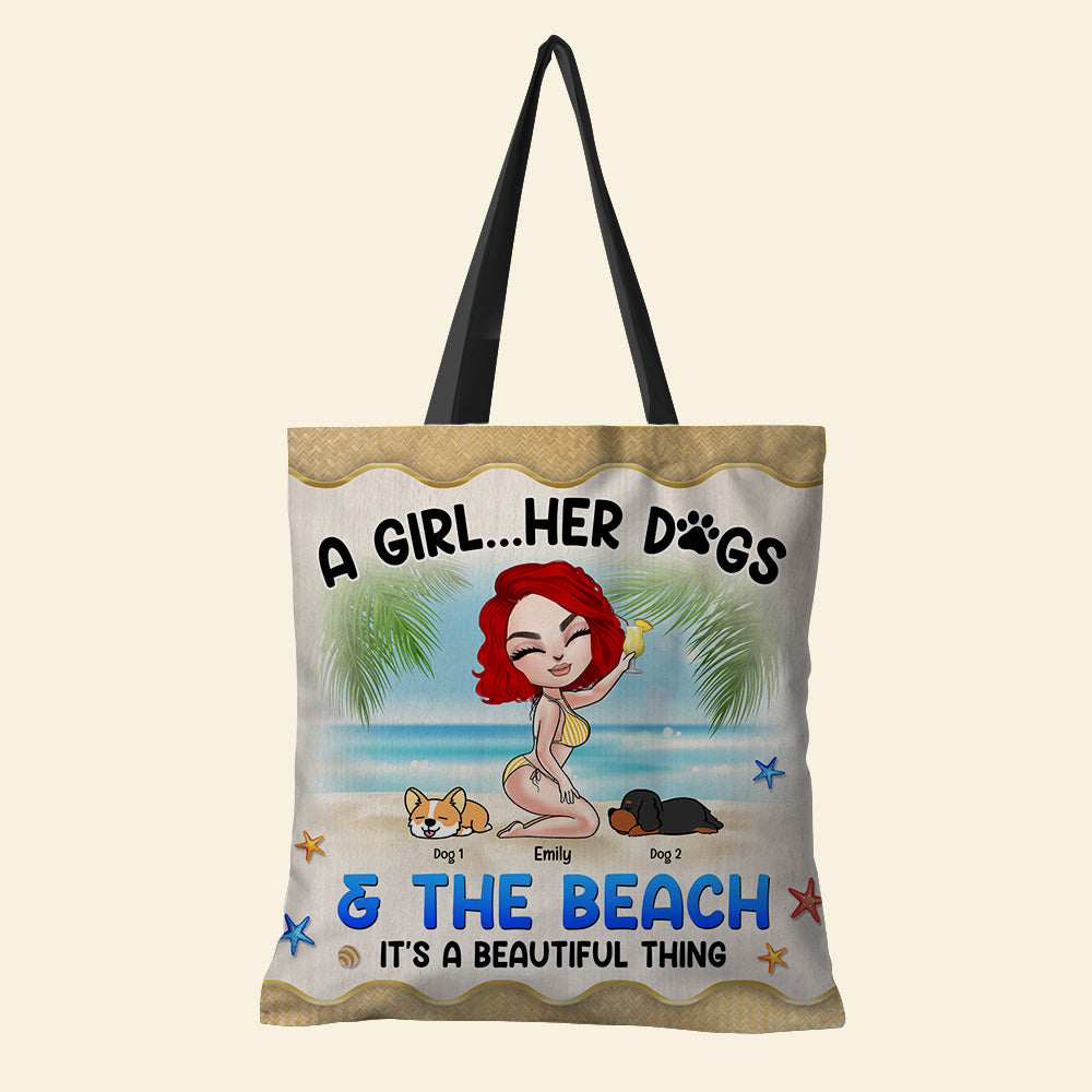 A Girl Her Dogs & The Beach - Personalized Tote Bag - Gift for Girls - Cool Summer Girl with Lazy Dogs - Tote Bag - GoDuckee
