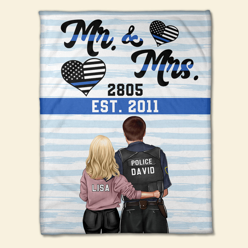 Personalized Police Couple Blanket - Custom Name, Number - Thin Blue Line Background - Mr & Mrs - Blanket - GoDuckee