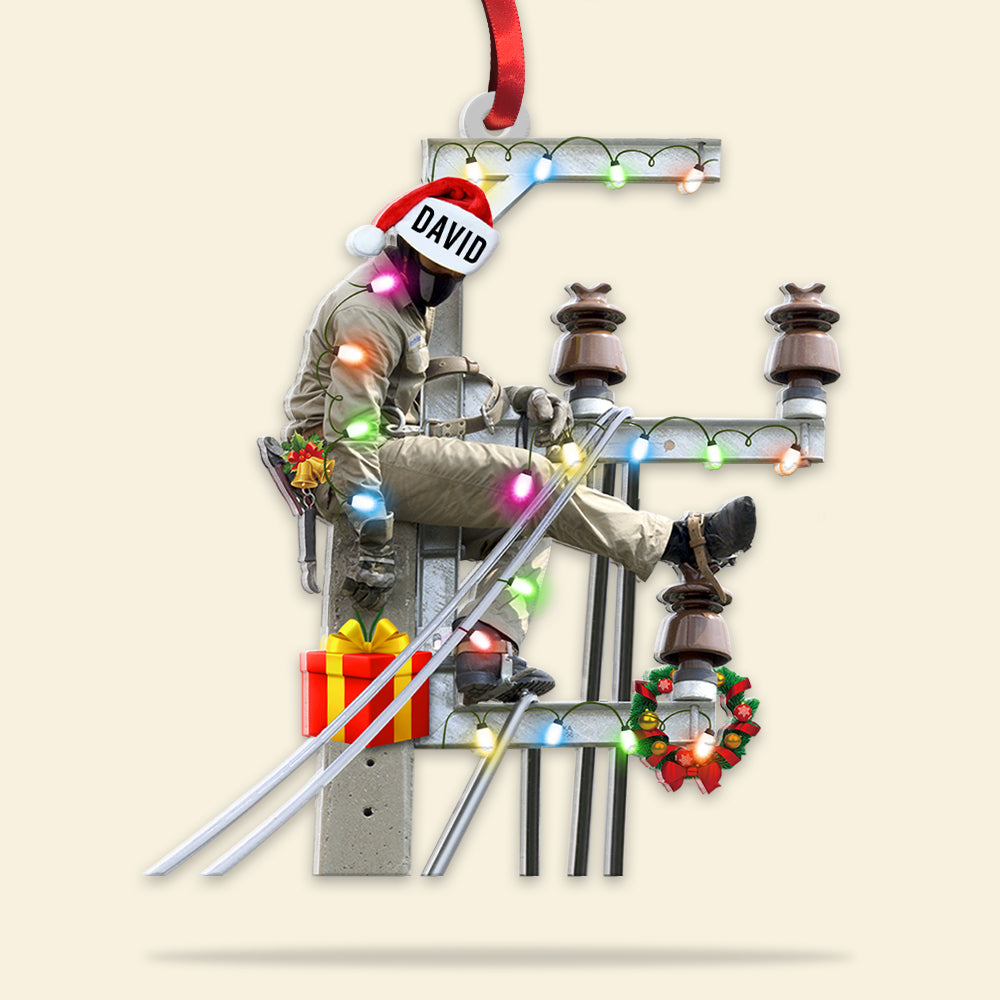 Lineman On Pole Christmas Custom Shape Ornament - Ornament - GoDuckee