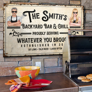 Personalized Couple Grilling Metal Sign Sit Long Talk More Laugh Often - Metal Wall Art - GoDuckee
