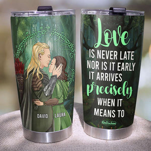 Personalized LOTR Couple Tumbler - Love Is Never Late Nor Is It Early- Couple Hugging and Kissing - J. R. R. Tolkien - Tumbler Cup - GoDuckee