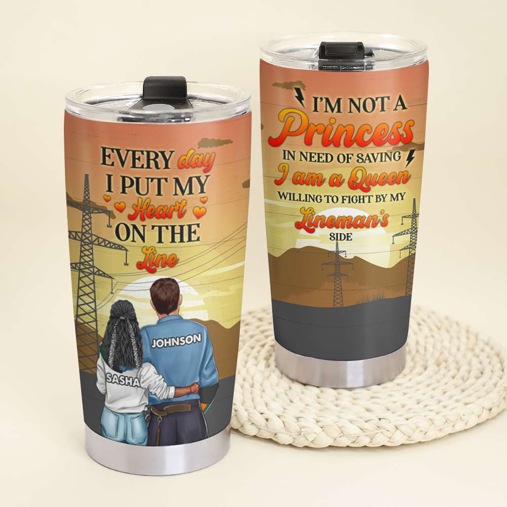 Personalized Lineman Couple Tumbler Cup - Everyday I Put My Heart On The Line - Lineman Wife, Girlfriend - Tumbler Cup - GoDuckee