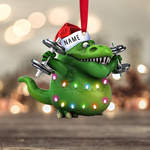 Gym T-rex With Christmas Light - Personalized Christmas Ornament - Gift For Gymer - Ornament - GoDuckee