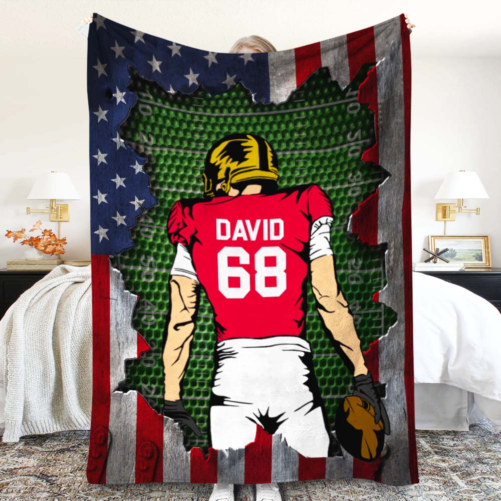 American Football Player Blanket With Classic Metal American Flag Design, Personalized Gift - Blanket - GoDuckee