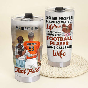 Personalized American Football Couple Tumbler - My Heart Is On That Field - Tumbler Cup - GoDuckee