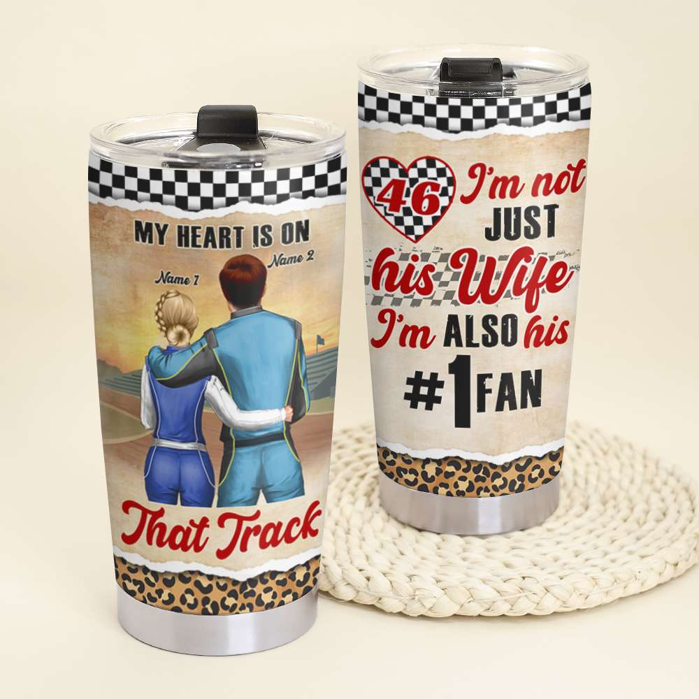 Personalized Racing Couple Tumbler - My Heart Is On That Track - His #1 Fan - Tumbler Cup - GoDuckee