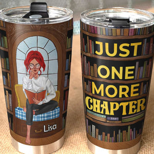 Personalized Reading Girl Tumbler - Just One More Chapter - Library Pattern - Tumbler Cup - GoDuckee