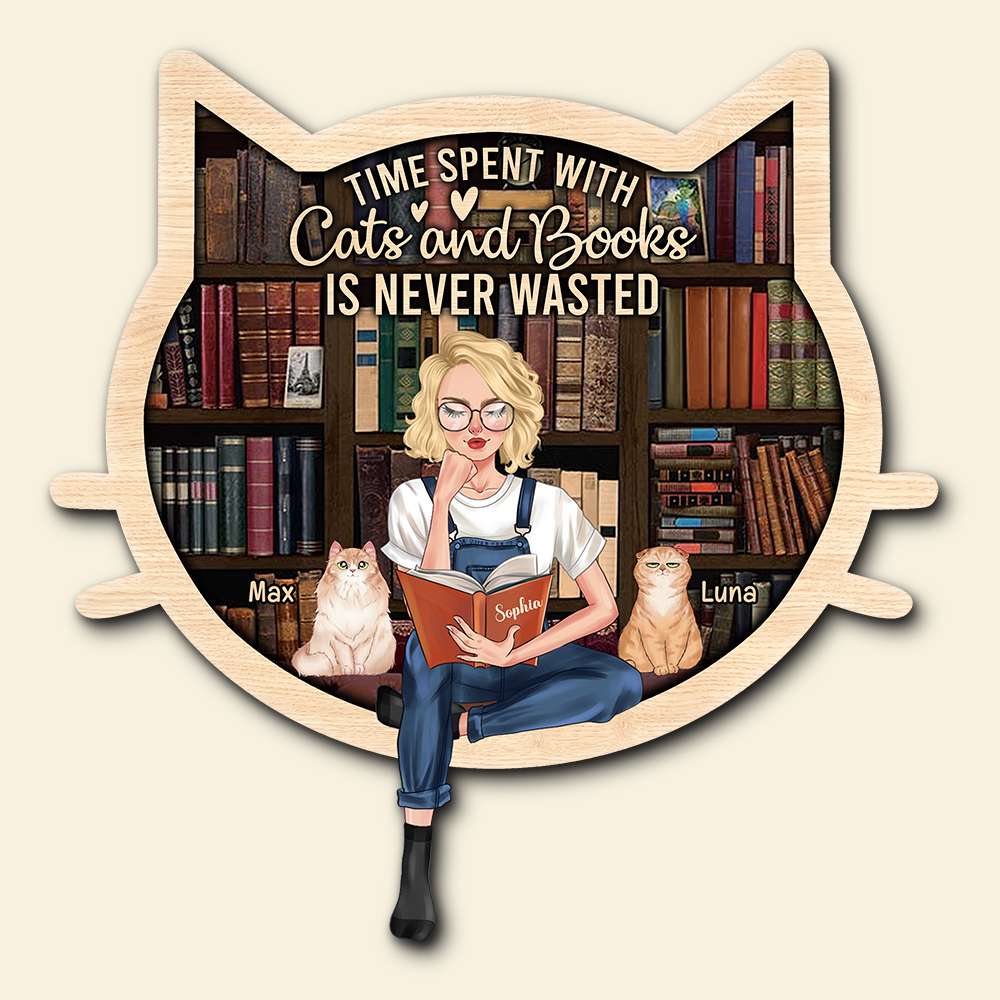 Time Spent With Cats And Books Is Never Wasted, Personalized Wood Sign, Gift for Book Girls - Wood Sign - GoDuckee