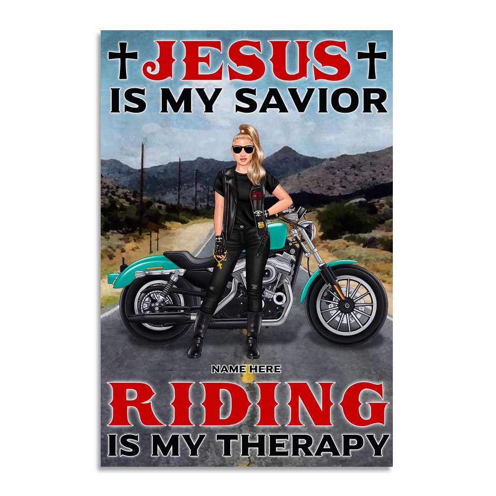 Personalized Female Biker Poster - Jesus is my savior Riding is my therapy - Highway Background - Poster & Canvas - GoDuckee