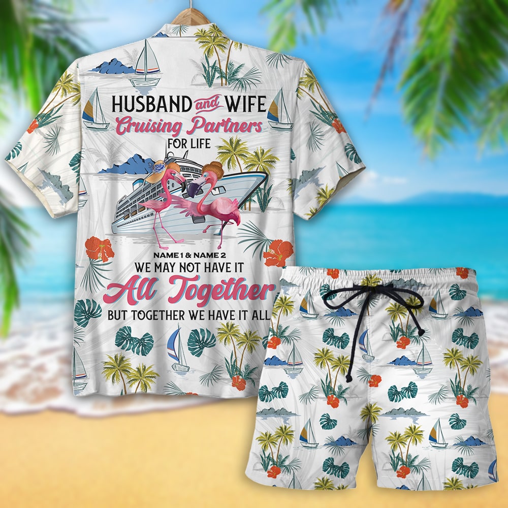 Personalized Flamigo Couple Hawaiian Shirt - Flamingo Husband & Wife, Cruising Partners - Palm Tree Pattern - Hawaiian Shirts - GoDuckee