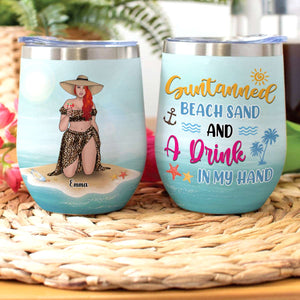 Personalized Bikini Girl Trip Wine Tumbler - Suntanned Beach Sand And A Drink In My Hand - Leopard Pattern - Wine Tumbler - GoDuckee