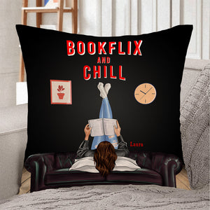 Bookflix and Chill - Personalized Pillow - Gift for Book Lovers - Girl Reading Book - Pillow - GoDuckee