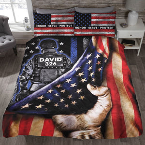 Police Honor Serve Protect - Personalized Quilt Bed Set -Gift for Police - Back Police and Flag - Quilts & Comforters - GoDuckee