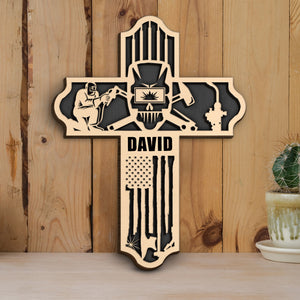 Welder Layered Cross With American Flag - Personalized 3D Wood Art - Gift for Welder - Wood Sign - GoDuckee