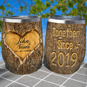 Personalized Couple Tumbler, Gift For Couple, Couple Heart Carved Tree - Wine Tumbler - GoDuckee