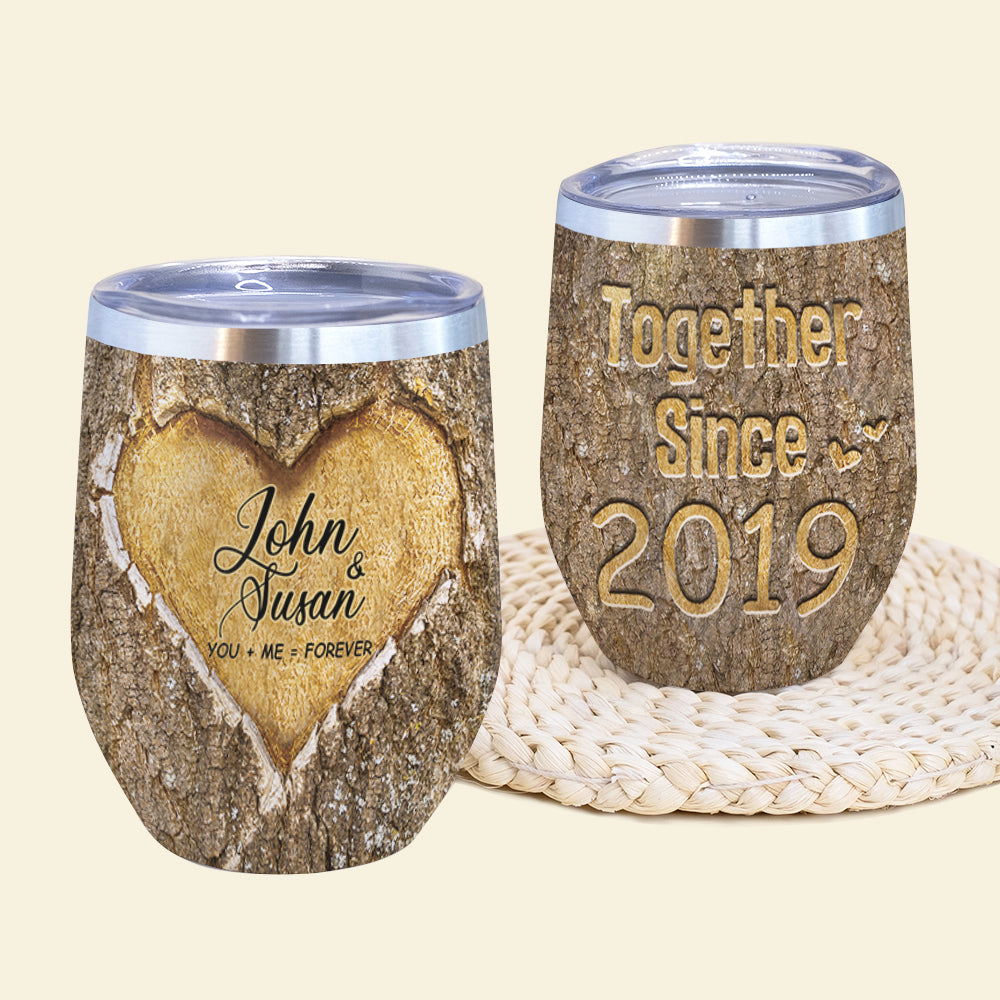 Personalized Couple Tumbler, Gift For Couple, Couple Heart Carved Tree - Wine Tumbler - GoDuckee