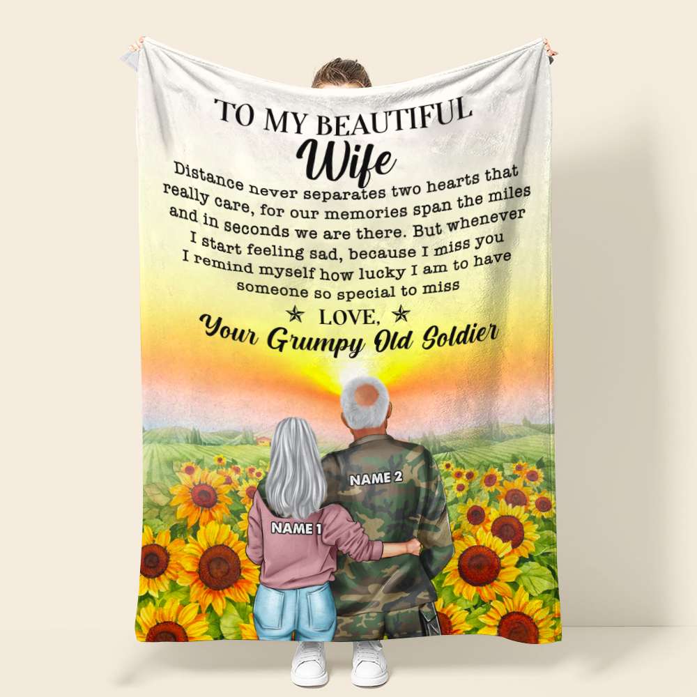 Personalized Military Couple Blanket - Distance Never Separates Two Hearts That Really Care - Sunflower - Blanket - GoDuckee