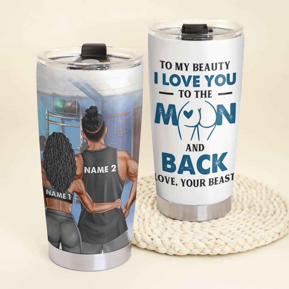 Personalized Gym Couple Tumbler Cup - I Love You To The Moon And Back - Tumbler Cup - GoDuckee