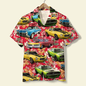 Classic Car Personalized Red Flower Pattern Hawaiian Shirt With Upload Images - Hawaiian Shirts - GoDuckee