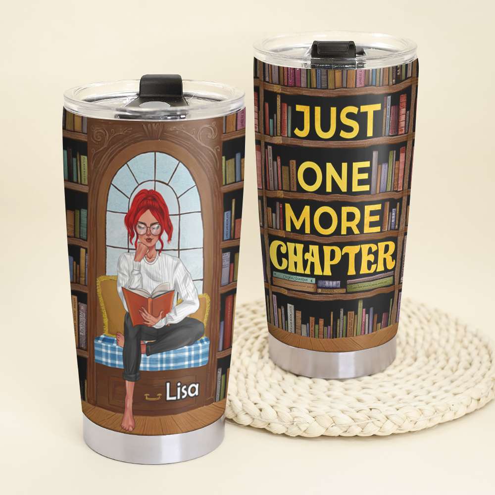 Personalized Reading Girl Tumbler - Just One More Chapter - Library Pattern - Tumbler Cup - GoDuckee