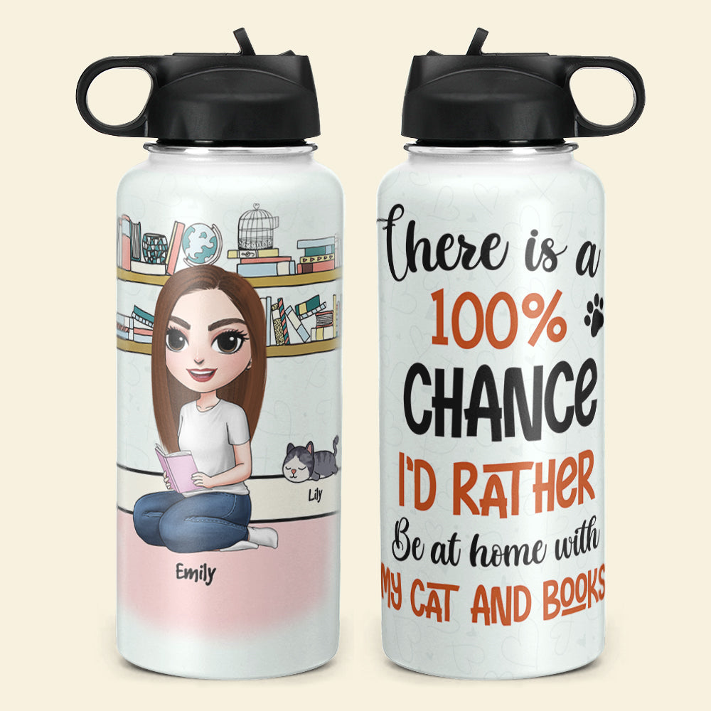 Personalized Reading Girl & Cat Breeds Water Bottle - There Is A 100% Chance I'd Rather Be At Home With My Dogs And Books - Water Bottles - GoDuckee