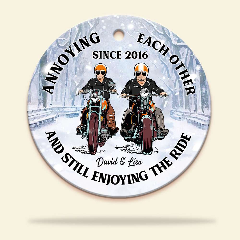 Biker Couple Ceramic Ornament - Annoying Each Other And Still Enjoying The Ride - Ornament - GoDuckee