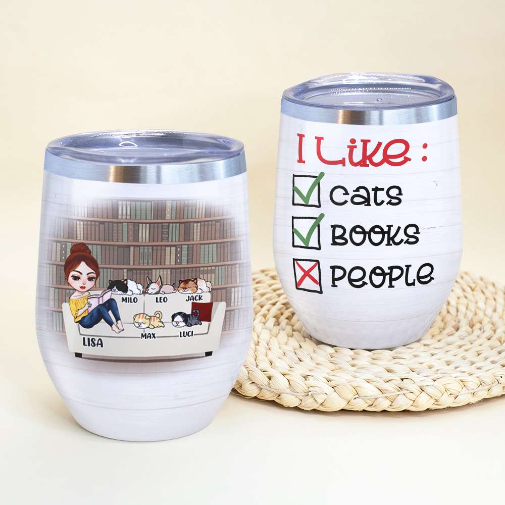 Personalized Reading Girl & Cat Breeds Wine Tumbler - I Like Cats And Books - Wine Tumbler - GoDuckee