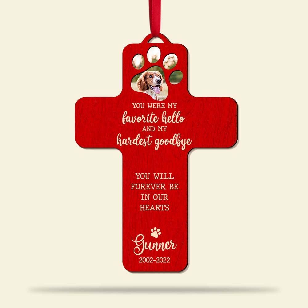 My Favorite Hello & Hardest Goodbye, Personalized Memorial Pet Wood Ornament - Ornament - GoDuckee
